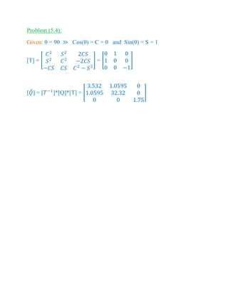 Problem (5.4):
Given: θ = 90 Cos(θ) = C = 0 and Sin(θ) = S = 1
[T] = [ ] = [ ]
[ ̅] = [ ]*[Q]*[T] = [ ]
 