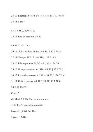 23 17 Endtrans.blo 55 3'7 '7 8'7 57 11 119 '77 w
24 18 Cancel
8 8 88 58 X 120 '78 x
25 19 End of medium 57 32
89 59 Y 121 79 y
26 1A Substitution 58 3A : 90 5A Z 122 7A z
27 1B Escape 59 312 ; 91 5B [ 123 713 1
28 10 File separator 60 3C < 92 50  124 70 I
29 10 Group separator 61 3D - 93 50 ] 125 7D )
30 12 Record separator 62 3E > 94 52 ' 126 7E -'
31 1F Unit separator 63 3F 2 95 5F 127 7F 0
9S S U RS ES
Code P
el: MARAB PM Fa - academic use
= :2/ Preferences Communal,
Lsy,„,t v_t Set Pat He„
>ksue, +Add,.
 
