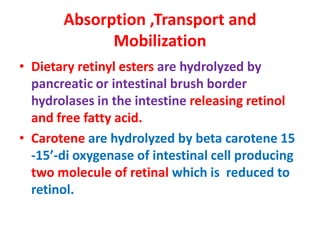 Absorption ,Transport and
Mobilization
• Dietary retinyl esters are hydrolyzed by
pancreatic or intestinal brush border
hydrolases in the intestine releasing retinol
and free fatty acid.
• Carotene are hydrolyzed by beta carotene 15
-15’-di oxygenase of intestinal cell producing
two molecule of retinal which is reduced to
retinol.
 
