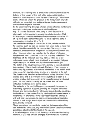 example, by screwing onto a sheet metal plate which serves as the
bottom of the trough of the cell, while using rubber seals, a
U-section iron frame which forms the walls of the trough These rubber
seals, which are under the pressure of the mercury, can only with
difficulty be prevented from leaking at the varying temperatures at
which the electrolyzer is operated.
In the accompanying drawings wherein similar reference numbers are
employed to designate similar parts in all of the Figures:
Fig l is a side elevational view, partly in cross-section, of an
electrolytic cell constructed in accordance with the invention; Fig 2
is an enlarged cross-sectional view of the same taken on the line 2-2
of Fig 1 with some parts omitted; and Flu 3 is a side view, partly in
cross-section, on the line 3-3 of Fig 2.
The bottom of the trough is constructed of a flat, flexible material,
for example such as can be pressed from sheet metal or made from
plastic Suitable materials for the construction of the trough include
sheet iron, sheet aluminium and plastics such as polyvinylchloride and
other polymers which are resistant to the attack of elevated
temperatures and chemicals under the operating conditions The
thickness of the material can vary from as little as a few
millimetres, where sheet iron is employed, to any desired thickness
depending upon the relative flexibility of the material employed.
The bottom of the trough is arranged on a plurality of supports spaced
intermediately of the ends of the trough The height of each support is
individually adjustable so as to remove unevenness in the bottom which
may occur, for example, during erection or in operation of the cell
The trough may therefore be formed from a unitary thin sheet of any
desired size, and it is no longer necessary to have to resort to a
welding method for the assembly of the trough from several individual
parts, so that internal straining of the sheet and the other
difficulties mentioned above cannot occur.
The variability in the height of the supports can easily be ensured by
subdividing cylindrical supports, providing the two parts with screw
threads and connecting them by a threaded sleeve, thereby providing a
turnbuckle supporting means Then by rotation of the threaded sleeve, a
lengthening or shortening of the support can readily be effected at
will and local unevenness, i e, depressions or protuberances in the
bottom of the trough which impair the uniform flow of the mercury
band, thereby removed.
These corrections can readily be carried out during operation of the
cell Instead of a turnbuckle, any other means can be used which makes
possible an adjustment of the height of the supports.
It is advantageous to mount all the supports on a common bearing
member, e g a rod which is arranged in about the sane 70 vertical
 