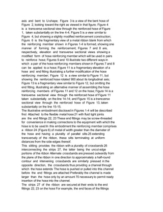 axis and bent to U-shape; Figure 3 is a view of the bent hose of
Figure 2, looking toward the right as viewed in that figure; Figure 4
is a transverse sectional view through the reinforced hose of Figure
1, taken substantially on the line 4-4; Figure 5 is a view similar to
Figure 4, but showing a slightly modified reinforcement construction;
Figure 6 is the fragmentary view of a metal ribbon blank from which
the reinforcing member shown in Figures 1-4 is formed, showing one
manner of forming the reinforcement; Figures 7 and 8 are,
respectively, elevation and transverse sectional views showing a
modified form of hose reinforcing member which will be used in pairs
to reinforce hose; Figures 9 and 10 illustrate two different ways in
which a pair of the hose reinforcing members shown in Figures 7 and 8
can be applied to a hose; Figure 11 is a fragmentary elevation of a
hose and end fitting illustrating a further modification of the hose
reinforcing member; Figure 12 is a view similar to Figure 11, but
showing the reinforced hose rotated 900 about its longitudinal axis;
Figure 13 is a fragmentary view similar to Figure 12, but omitting the
end fitting, illustrating an alternative manner of assembling the hose
reinforcing members of Figures 11 and 12 on the hose; Figure 14 is a
transverse sectional view through the reinforced hose of Figure 11
taken substantially on the line 14-14; and Figure 15 is a transverse
sectional view through the reinforced hose of Figure 13, taken
substantially on the line 15-15.
The illustrative embodiment disclosed in Figures 1-4 will be described
first Attached to the flexible metal hose 21 with fluid tight joints
are the end fittings 22, 23 These end fittings may be screw-threaded
for convenience in making connections to the equipment with which the
hose is to be used In this embodiment the reinforcing member comprises
a ribbon 24 (Figure 6) of metal of width greater than the diameter of
the hose and having a plurality of parallel slits 25 extending
transversely of the ribbon, these slits terminating at uniform
distances from the side edges thereof.
This slitting provides the ribbon with a plurality of crossbands 26
interconnecting the strips 27, the latter being the uncut edge
portions of the ribbon Alternate crossbands are pressed outwardly from
the plane of the ribbon in one direction to approximately a half-round
contour and intervening crossbands are similarly pressed in the
opposite direction, the crossbands thus providing a channel through
which the hose extends The hose is pushed or pulled into this channel
before the end fittings are attached Preferably the channel is made
larger than the hose only by an amount 70 necessary to permit ready
insertion of the hose into the channel.
The strips 27 of the ribbon are secured at their ends to the end
fittings 22, 23 on the hose For example, the end faces of the fittings
 