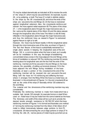 75 may be slotted diametrically as indicated at 28 to receive the ends
of the strips 27, which may be secured therein, for example, by pins
29, or by soldering, or both The hose 21 is held in definite relation
to the strips by the 80 crossbands 26, and since the ends of the
strips are secured to the end fittings 22, 23 the hose is restrained
against longitudinal extension Also, the crossbands reinforce and
restrain the hose against radial expansion 85 The plane of the strips
27, i e the longitudinal plane through the major transverse axis, is
the same as the original plane of the ribbon 24 and this plane passes
through the longitudinal axis of the hose The ribbon is rela 90 tively
inflexible in the longitudinal plane through the major transverse axis
and thus the reinforced hose as viewed in Figure 1 is restrained
against flexure to right or to left.
However, the hose may be flexed readily in 95 the longidutinal plane
through the minor transverse axis of the strip, as shown in Figure 2.
The fact that flexure of the hose is substantially restrained to a
single plane assists in keeping the longitudinal axes of the end
fittings 100 in a common plane when the hose is bent, as it usually
will be for installation In this way the danger of establishing
concentrated stress zones in the hose adjacent the end fittings at the
timne of installation is reduced 105 The reinforcing member 24 resists
twisting about its longitudinal axis and the fact that the ends of the
reinforcing member are firmly secured in the end fittings on the hose
reduces the possibility of setting up torsional stresses 110 in the
hose adjacent the end fittings during installation of the hose
Desirably at least a portion of the crossband at the end of the
reinforcing member will be received into and secured in the end
fitting 'with the hose for 115 reinforcing and stiffening the hose
where it emerges from the fitting When the hose is a metal hose, as
illustrated in the embodiment of Figures 1-4, the end crossband 26 as
well as the ends of the strips 27 desirably will be 120 soldered to
the end fitting.
The material and the dimensions of the reinforcing member may vary
considerably.
Preferably the reinforcing member is made from metal which has a
suitable high tensile 125 strength, for example bronze or steel When
used on metal hose it may be made from the same material as the hose
The thickness and width of the strips will be such as to provide the
desired tensile strength, resistance to 130 785,747 which the hose
reinforcing member of Figures 1-4 is formed and illustrates one method
of forming the reinforcing member from the ribbon A flat ribbon 24 of
metal is slitted transversely between edge portions to form 70
crossbands 26 interconnecting the uncut edge portions or strips 27 In
forming the slits 25, narrow pieces of metal may be punched out as
 