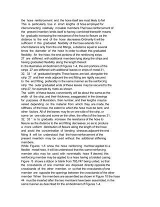 the hose reinforcement and the hose itself are most likely to fail
This is particularly true in short lengths of hose employed for
interconnecting relatively movable members The hose reinforcement of
the present invention lends itself to having combined therewith means
for gradually increasing the resistance of the hose to flexure as the
distance to the end of the hose decreases Ordinarily it will be
sufficient if this graduated flexibility of the hose extends for a
short distance only from the end fittings, a distance equal to several
times the diameter of the hose In order to obtain this graduated
flexibility for the hose, the end portions of the reinforcing strips
27 are stiffened with additional members lying along the strips and
having graduated flexibility along the length thereof.
In the illustrative embodiment of Figures 1-4, the end portions of the
strips 27 are stiffened with additional leaves or strips of metal 31,
32, 33 ' of graduated lengths These leaves are laid, alongside the
strip 27 and their ends adjacent the end fitting are rigidly secured
to the end fitting, preferably in the same manner as the reinforcing
strip The outer graduated ends of these leaves may be secured to the
strip 27, for example by rivets as shown.
The width of these leaves conveniently will be about the same as the
width of the strip, and their thickness, exaggerated in the drawings
for purposes of illustration, their number, and their lengths may be
varied depending on the material from which they are made, the
stiffness of the hose, the extent to which the hose must be bent, and
other factors All of the leaves may lie on one side of the strip, or
some on one side and some on the other, the effect of the leaves 31,
32, 33 ' is to gradually increase the resistance of the hose to
flexure as the distance to the end fitting decreases, so as to produce
a more uniform distribution of flexure along the length of the hose
and avoid the concentration of bending stresses adjacent the end
fitting It will be understood that the hose reinforcement of the
present invention may be used without the additional stiffening
members.
While Figures 1-5 show the hose reinforcing member applied to a
flexible metal hose, it will be understood that this same reinforcing
member also may be used with nonmetallic hose If desired, this
reinforcing member may be applied to a hose having a braided casing.
Figure '6 shows a ribbon or blank from 785,747 being united, so that
the crossbands of one member are disposed directly opposite the
crossbands of the other member, or so that the crossbands of one
member are opposite the openings between the crossbands of the other
member When the members are assembled as shown in Figure 10 the hose
44 must be inserted after the two members have been assembled, in the
same manner as described for the embodiment of Figures 1-4.
 