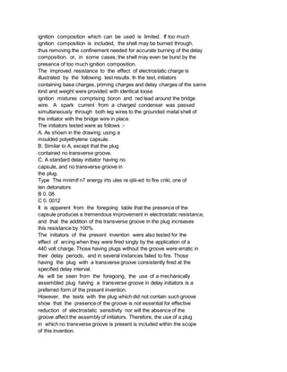ignition composition which can be used is limited. If too much
ignition composition is included, the shell may be burned through,
thus removing the confinement needed for accurate burning of the delay
composition, or, in some cases, the shell may even be burst by the
presence of too much ignition composition.
The improved resistance to the effect of electrostatic charge is
illustrated by the following test results. In the test, initiators
containing base charges, priming charges and delay charges of the same
kind and weight were provided with identical loose
ignition mixtures comprising boron and red lead around the bridge
wire. A spark current from a charged condenser was passed
simultaneously through both leg wires to the grounded metal shell of
the initiator with the bridge wire in place.
The initiators tested were as follows :-
A. As shown in the drawing, using a
moulded polyethylene capsule.
B. Similar to A, except that the plug
contained no transverse groove.
C. A standard delay initiator having no
capsule, and no transverse groove in
the plug.
Type The mnimtf n7 energy irto ules re qiiii-ed to fire criki, one of
ten detonators
B 0. 08
C 0. 0012
It is apparent from the foregoing table that the presence of the
capsule produces a tremendous improvement in electrostatic resistance,
and that the addition of the transverse groove in the plug increases
this resistance by 100%.
The initiators of the present invention were also tested for the
effect of arcing when they were fired singly by the application of a
440 volt charge. Those having plugs without the groove were erratic in
their delay periods, and in several instances failed to fire. Those
having the plug with a transverse groove consistently fired at the
specified delay interval.
As will be seen from the foregoing, the use of a mechanically
assembled plug having a transverse groove in delay initiators is a
preferred form of the present invention.
However, the tests with the plug which did not contain such groove
show that the presence of the groove is not essential for effective
reduction of electrostatic sensitivity nor will the absence of the
groove affect the assembly of initiators. Therefore, the use of a plug
in which no transverse groove is present is included within the scope
of this invention.
 