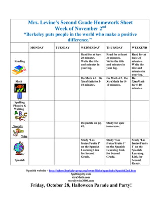 Mrs. Levine’s Second Grade Homework Sheet
                        Week of November 2nd
         “Berkeley puts people in the world who make a positive
                              difference.”
               MONDAY              TUESDAY            WEDNESDAY           THURSDAY            WEEKEND

                                                      Read for at least   Read for at least   Read for at
                                                      20 minutes.         20 minutes.         least 20
Reading                                               Write the title     Write the title     minutes.
                                                      and minutes in      and minutes in      Write the
                                                      your log.           your log.           title and
                                                                                              minutes in
                                                                                              your log.
                                                      Do Math 4.1. Do     Do Math 4.2. Do     Do
 Math                                                 XtraMath for 5-     XtraMath for 5-     XtraMath
                                                      10 minutes.         10 minutes.         for 5-10
                                                                                              minutes.



 Spelling
Phonics &
Writing



                                                      Do puzzle on pg.    Study for quiz
Wordly                                                41.                 tomorrow.


     Wise
                                                      Study ‘Las          Study ‘Las          Study ‘Las
                                                      frutas/Fruits 1’    frutas/Fruits 1’    frutas/Fruits
                                                      on the Spanish      on the Spanish      1’ on the
                                                      Learning Link       Learning Link       Spanish
                                                      for Second          for Second          Learning
                                                      Grade.              Grade.              Link for
 Spanish                                                                                      Second
                                                                                              Grade.

            Spanish website – http://school.berkeleyprep.org/lower/llinks/spanlinks/Spanish2nd.htm
                                                Spellingcity.com
                                                 xtraMath.com
                                              wordlywise3000.com
               Friday, October 28, Halloween Parade and Party!
 
