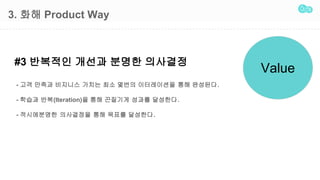 3. ?? Product Way
#3 ???? ??? ??? ????
Value
- ?? ??? ???? ??? ?? ??? ?????? ?? ????.
- ??? ??(Iteration)? ?? ???? ??? ????.
- ?????? ????? ?? ??? ????.
 