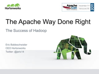 The Apache Way Done Right
The Success of Hadoop


Eric Baldeschwieler
CEO Hortonworks
Twitter: @jeric14
 