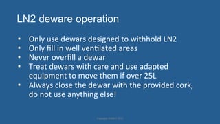 LN2 deware operation
•  Only'use'dewars'designed'to'withhold'LN2'
•  Only'ﬁll'in'well'venHlated'areas'
•  Never'overﬁll'a'dewar'
•  Treat'dewars'with'care'and'use'adapted'
equipment'to'move'them'if'over'25L'
•  Always'close'the'dewar'with'the'provided'cork,'
do'not'use'anything'else!'
Copyright'HWBOT'2015'
 