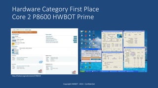 Hardware Category First Place
Core 2 P8600 HWBOT Prime
Copyright HWBOT - 2014 - Confidential
http://hwbot.org/submission/2798319
 