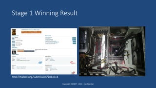 Stage 1 Winning Result
Copyright HWBOT - 2014 - Confidential
http://hwbot.org/submission/2814714
 