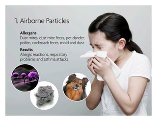 Allergens
Dust mites, dust mite feces, pet dander,
pollen, cockroach feces, mold and dust
Results
Allergic reactions, respiratory
problems and asthma attacks
1. Airborne Particles
 