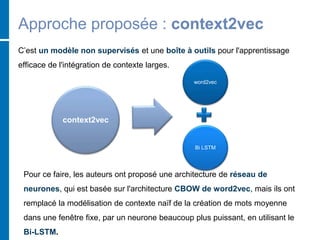 Approche proposée : context2vec
C’est un modèle non supervisés et une boîte à outils pour l'apprentissage
efficace de l'intégration de contexte larges.
Pour ce faire, les auteurs ont proposé une architecture de réseau de
neurones, qui est basée sur l'architecture CBOW de word2vec, mais ils ont
remplacé la modélisation de contexte naïf de la création de mots moyenne
dans une fenêtre fixe, par un neurone beaucoup plus puissant, en utilisant le
Bi-LSTM.
context2vec
word2vec
Bi LSTM
 