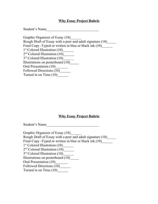 Why Essay Project Rubric

Student’s Name_____________________________

Graphic Organizer of Essay (10)______
Rough Draft of Essay with a peer and adult signature (10)_____
Final Copy -Typed or written in blue or black ink (10)______
1st Colored Illustration (10)______
2nd Colored Illustration (10)______
3rd Colored Illustration (10)______
Illustrations on posterboard (10)_____
Oral Presentation (10)_______
Followed Directions (10)______
Turned in on Time (10)______




                       Why Essay Project Rubric

Student’s Name_____________________________

Graphic Organizer of Essay (10)______
Rough Draft of Essay with a peer and adult signature (10)_____
Final Copy -Typed or written in blue or black ink (10)______
1st Colored Illustration (10)______
2nd Colored Illustration (10)______
3rd Colored Illustration (10)______
Illustrations on posterboard (10)_____
Oral Presentation (10)_______
Followed Directions (10)______
Turned in on Time (10)______
 