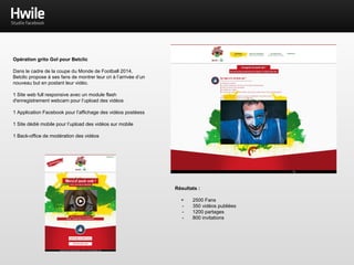 Application “Profilage” pour l’armée de l’air
L’application est en ligne, testez là ici : http://on.fb.me/1BsIFUA
Objectif :
Inciter les internautes à s’intéresser aux métiers de l’armée de l’air.
L’application permet d’analyser les pages likées par un utilisateur, et
définit des points de compétences.
3 mini-jeux visant à tester l’inventivité, la précision et la réactivité de l’
utilisateur lui permettent d’améliorer ses points de compétences.
Fonctionnalités :
- Jeux en Flash et PHP : puzzle drag’n’drop, jeu de type shoot
- Accrédiction Facebook sur la permission “User_Likes” pour définir les
points de compétences en fonction des résultats obtenus
 