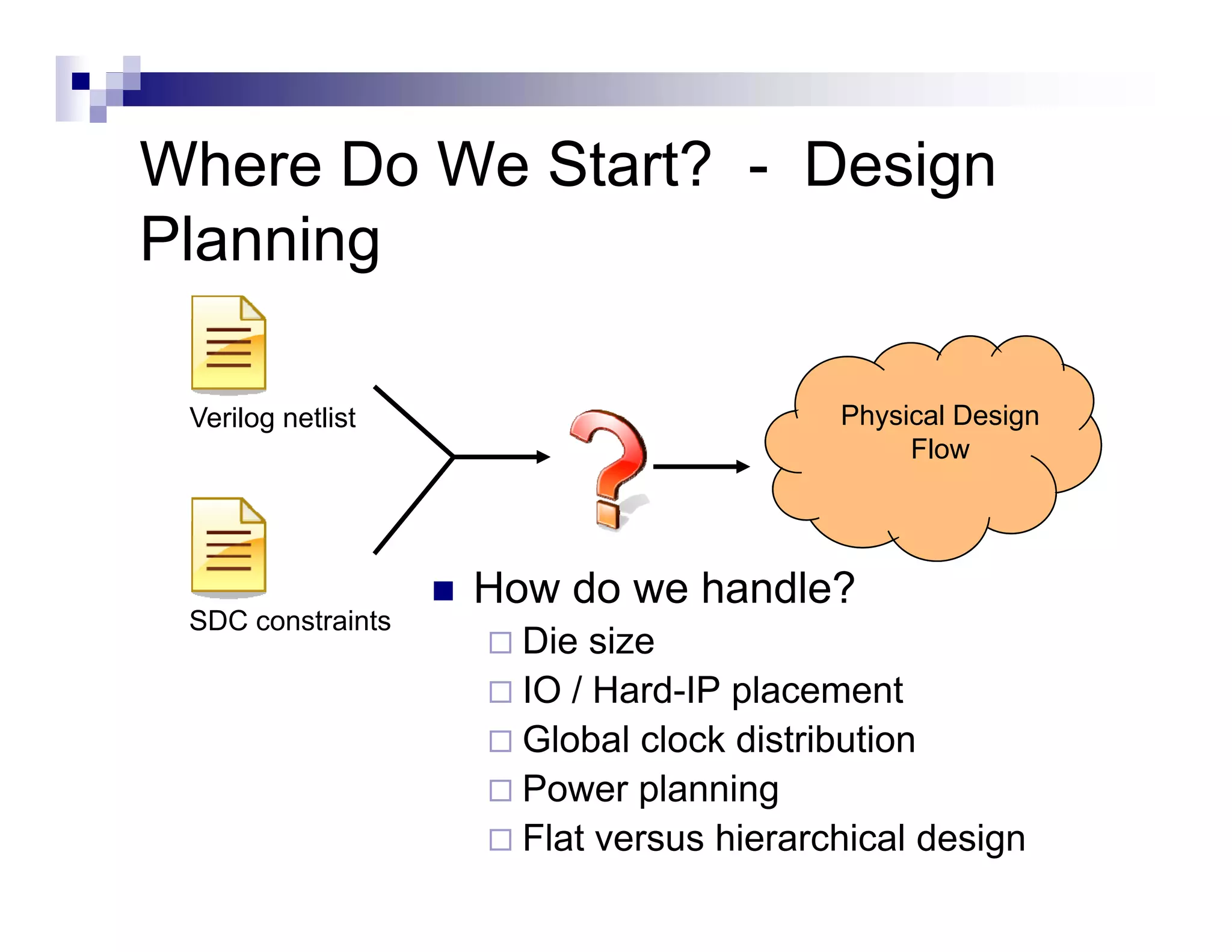 Where Do We Start? - Design
Planning

 Verilog netlist                        Physical Design
                                             Flow




                   How do we handle?
 SDC constraints
                     Die size
                     IO / Hard-IP placement
                     Global clock distribution
                     Power planning
                     P        l   i
                     Flat versus hierarchical design
 