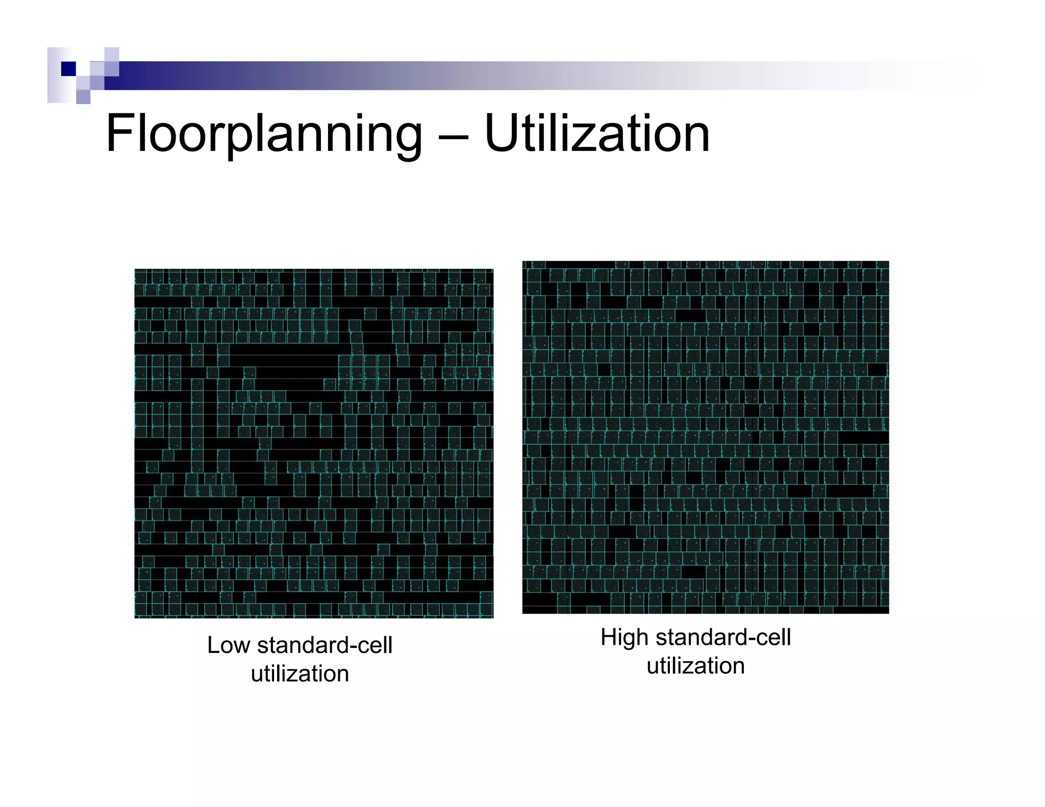 Floorplanning – Utilization




    Low standard-cell   High standard-cell
       utilization           tili ti
                            utilization
 