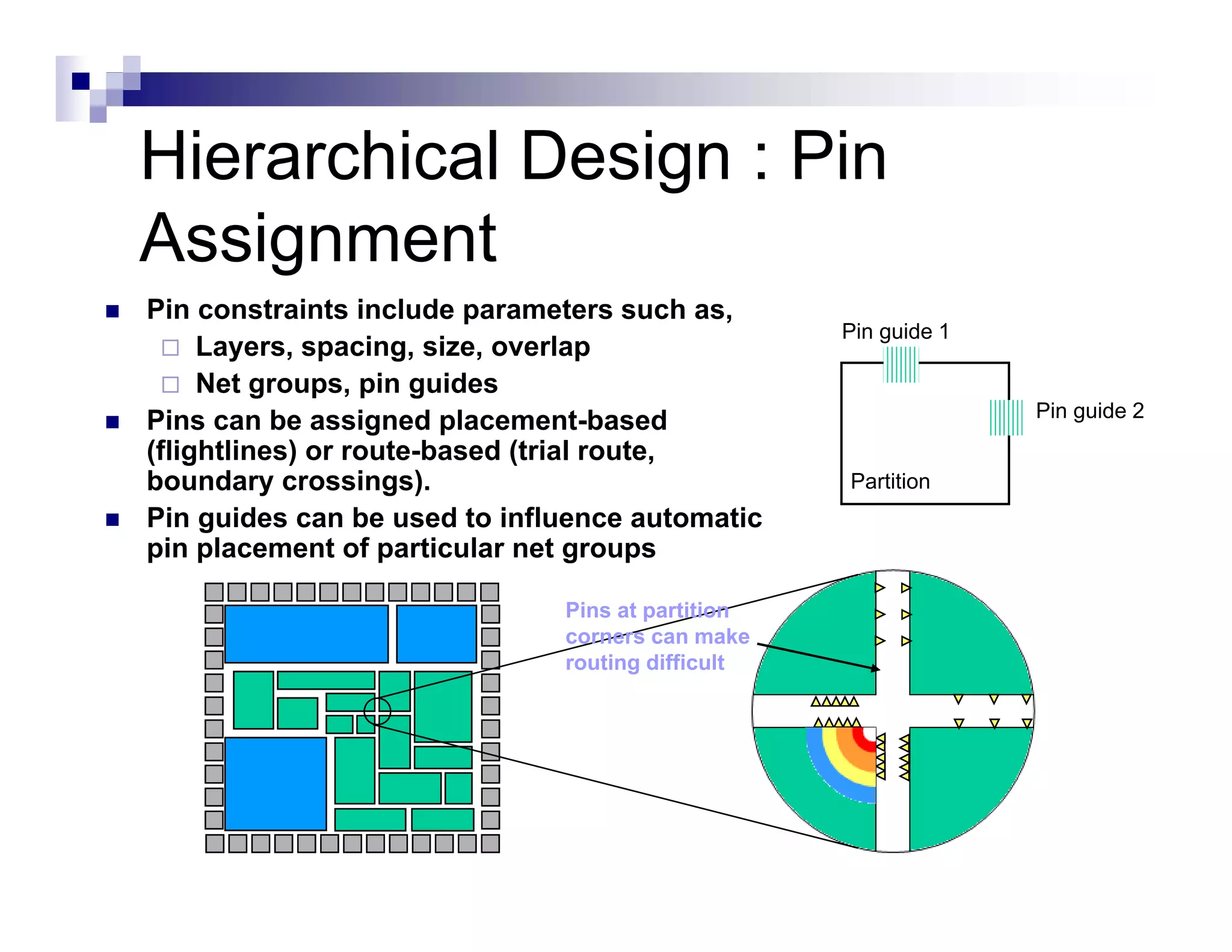 Hierarchical Design : Pin
Assignment
Pin constraints include parameters such as,
                                                  Pin guide 1
     Layers, spacing, size, overlap
     Net groups, pin guides
                                                                Pin guide 2
Pins can be assigned placement-based
                        placement based
(flightlines) or route-based (trial route,
boundary crossings).                              Partition
Pin guides can be used to influence automatic
pin placement of particular net groups

                              Pins at partition
                              corners can make
                              routing diffi lt
                                 ti difficult
 