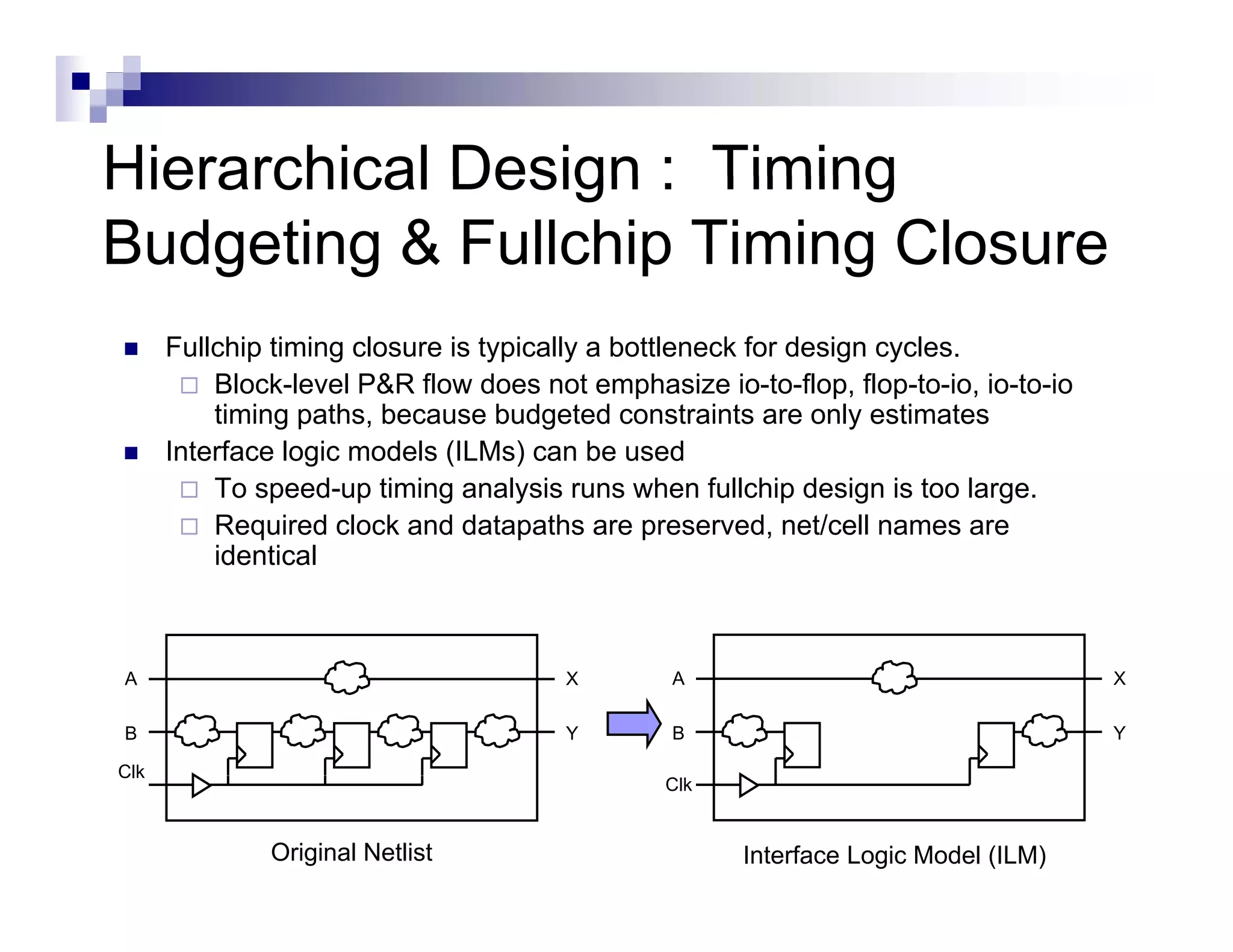 Hierarchical Design : Timing
Budgeting & Fullchip Timing Closure
      Fullchip timing closure is typically a bottleneck for design cycles.
          Block-level P&R flow does not emphasize io-to-flop, flop-to-io, io-to-io
          timing paths because budgeted constraints are only estimates
                  paths,
      Interface logic models (ILMs) can be used
          To speed-up timing analysis runs when fullchip design is too large.
          Required clock and datapaths are p
             q                      p          preserved, net/cell names are
                                                          ,
          identical



A                                      X        A                                    X

B                                      Y        B                                    Y

Clk
                                               Clk


              Original Netlist                        Interface Logic Model (ILM)
 