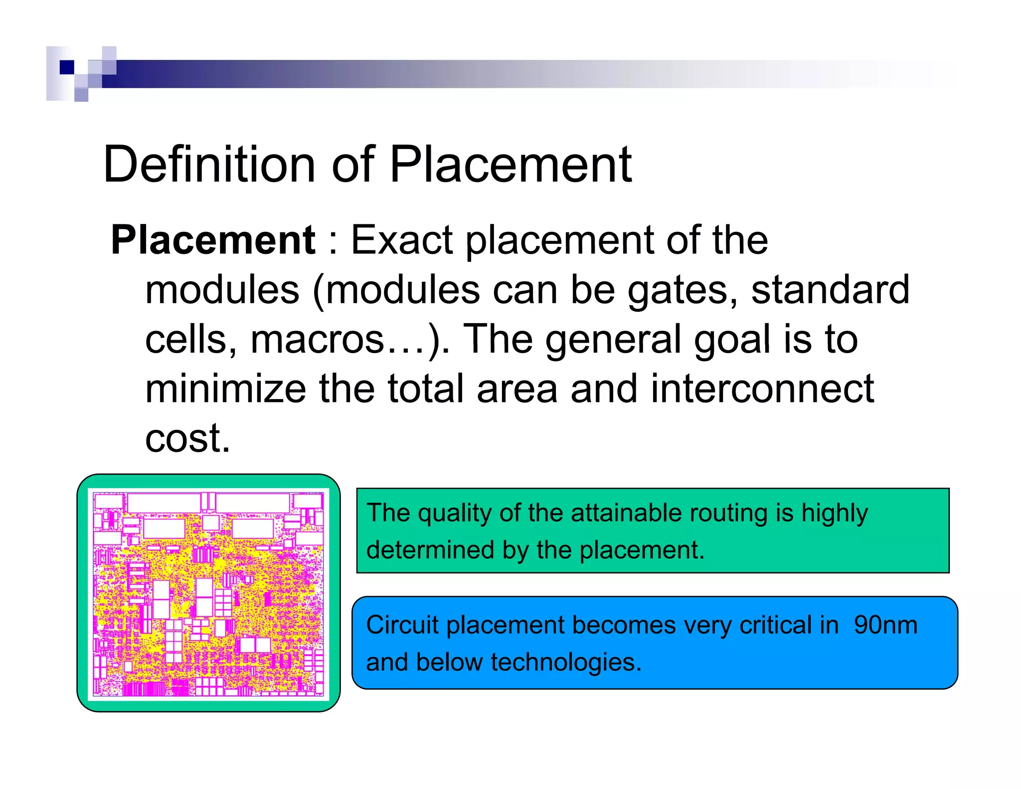 Definition f Placement
D fi iti of Pl       t
Placement : Exact placement of the
  modules (modules can be gates, standard
  cells, macros…).
  cells macros ) The general goal is to
  minimize the total area and interconnect
  cost.
  cost
             The quality of the attainable routing is highly
             determined b th placement.
             d t   i d by the l            t

             Circuit placement becomes very critical in 90nm
             and below technologies.
 