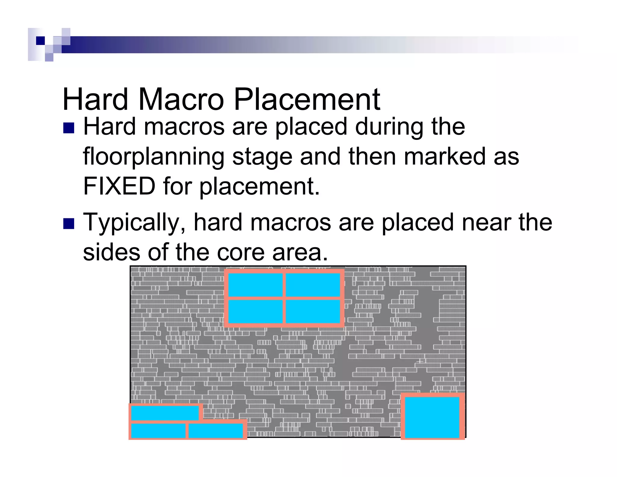 Hard Macro Pl
H dM       Placement
                   t
 Hard macros are placed during the
 floorplanning stage and th marked as
 fl    l    i   t       d then   k d
 FIXED for placement.
 Typically, hard macros are placed near the
 sides of the core area.
 