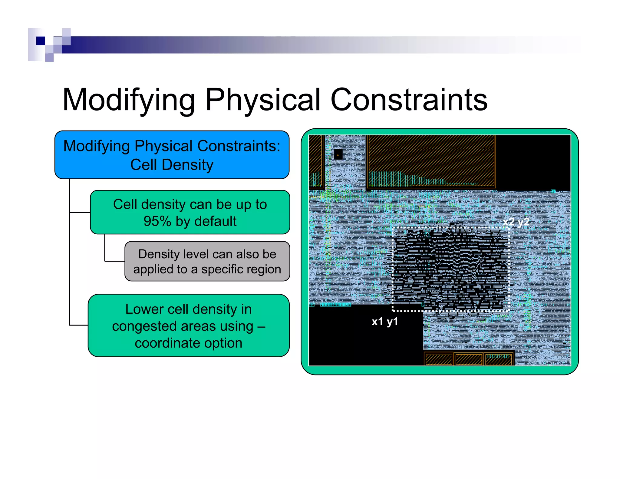 Modifying Physical Constraints
M dif i Ph i l C       t i t
Modifying Physical Constraints:
         Cell Density

       Cell density can be up to
                  y         p
            95% by default                       x2 y2

           Density level can also be
          applied to a specific region


        Lower cell density in
                                         x1 y1
      congested areas using –
         coordinate option
 