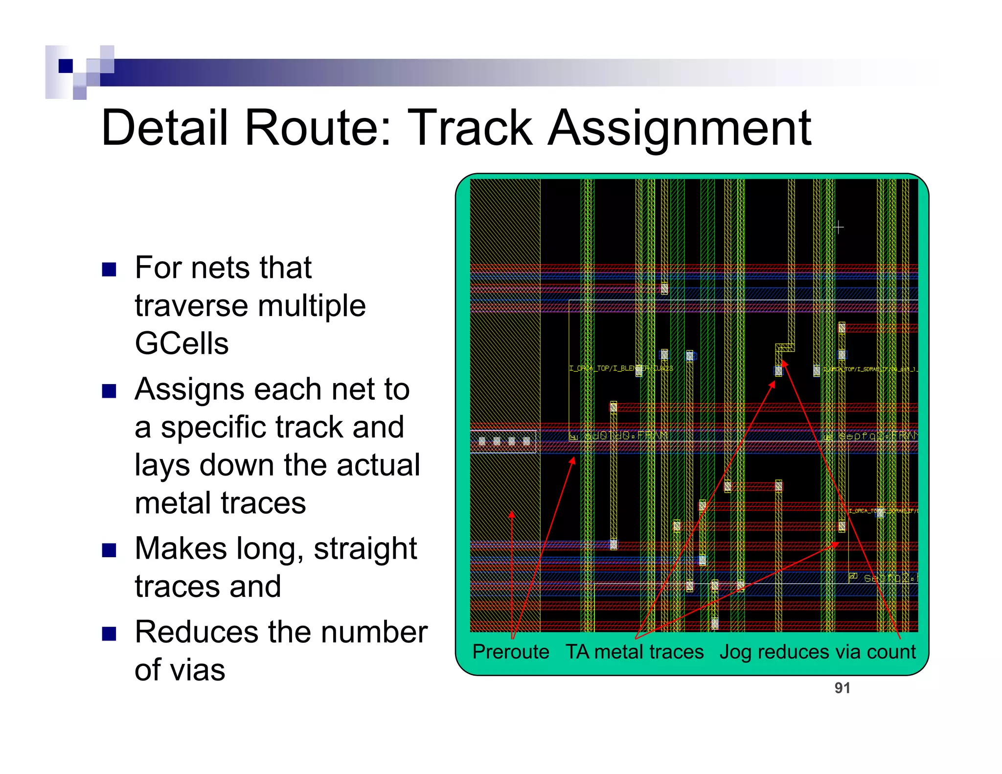 Detail Route: Track Assignment

 For nets that
 traverse multiple
 GCells
 Assigns each net to
 a specific track and
 lays down the actual
 metal traces
 Makes long, straight
 traces and
 Reduces the number
                        Preroute TA metal traces Jog reduces via count
 of vias                                                     91
 