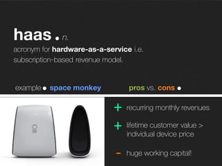 hardspresso n.
revenue model based on recurring revenues from the sale of
consumables
high margin on consumables
captive customer
distribution issue
+
+
-­‐
example pros vs. consprynt
 