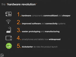 reinventing unloved but important home products
founded in 2010
>$80M funding
acquired by Google in 2014 for $3.2B
the next generation of drones has landed
founded in 2009
$85M funding
next-generation virtual reality technology
founded in 2012
$91M funding
$2.4M crowdfunding
acquired by Facebook in 2014 for $2B
control and monitor your home from one simple app
founded in 2012
$12.5M funding
$3M crowdfunding
acquired by Samsung in 2014 for estimated $200M
hardware startup can generate high return.
 