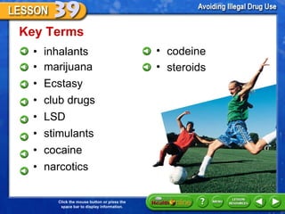 inhalants marijuana Ecstasy club drugs LSD stimulants cocaine narcotics Key Terms codeine steroids  