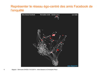 12
Représenter le réseau égo-centré des amis Facebook de
l’enquêté
Algopol – Séminaire EHESS 15/12/2014 – Irène Bastard et Christophe Prieur
 