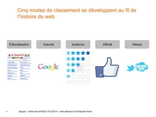 4
Cinq modes de classement se développent au fil de
l’histoire du web
Algopol – Séminaire EHESS 15/12/2014 – Irène Bastard et Christophe Prieur
Editorialisation Autorité Audience Affinité Vitesse
 