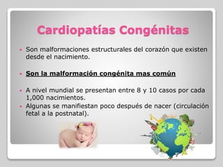 Cardiopatías Congénitas
 Son malformaciones estructurales del corazón que existen
desde el nacimiento.
 Son la malformación congénita mas común
 A nivel mundial se presentan entre 8 y 10 casos por cada
1,000 nacimientos.
 Algunas se manifiestan poco después de nacer (circulación
fetal a la postnatal).
 