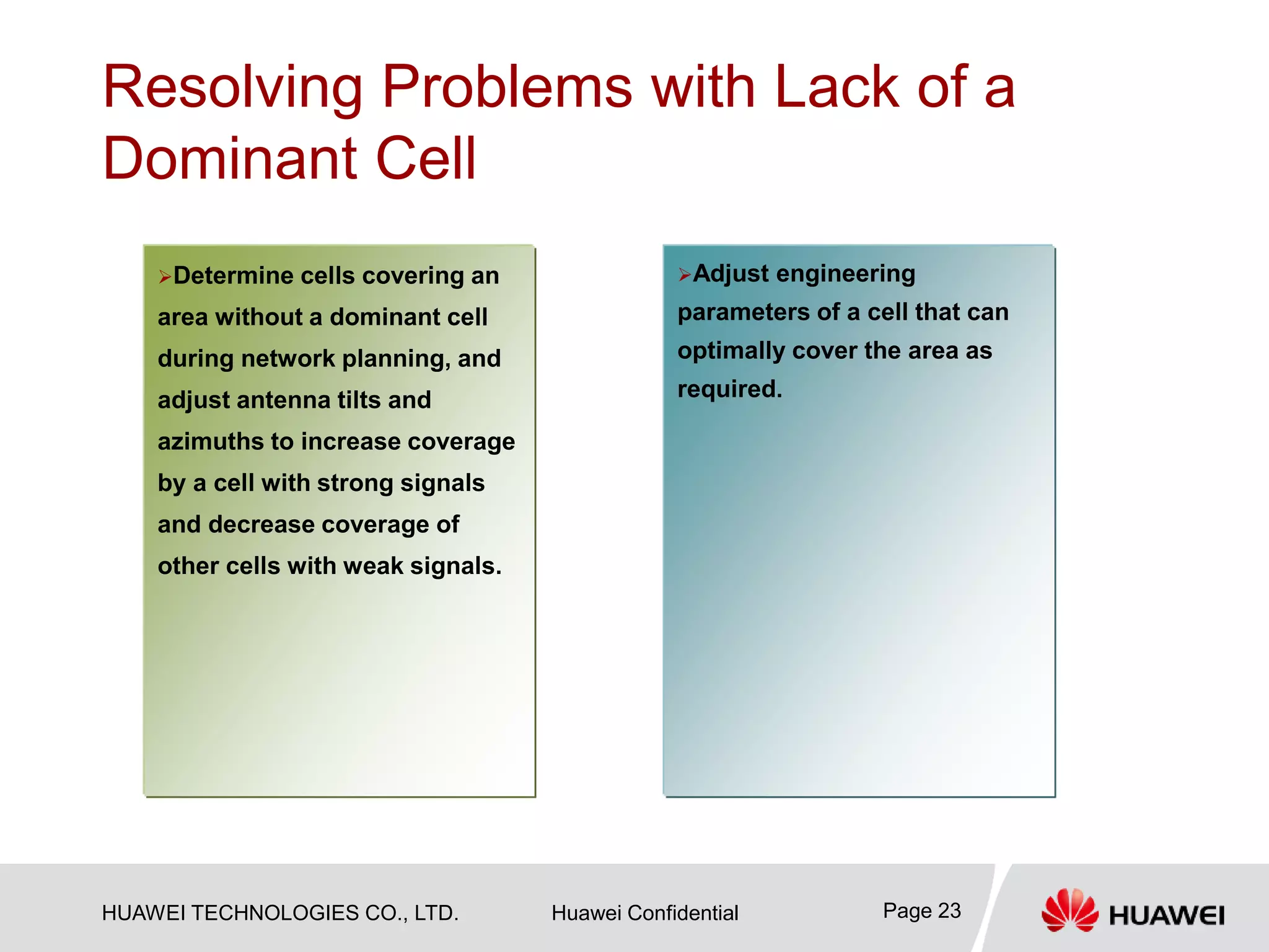 HUAWEI TECHNOLOGIES CO., LTD. Huawei Confidential Page 23
Resolving Problems with Lack of a
Dominant Cell
…
Adjust engineering
parameters of a cell that can
optimally cover the area as
required.
Determine cells covering an
area without a dominant cell
during network planning, and
adjust antenna tilts and
azimuths to increase coverage
by a cell with strong signals
and decrease coverage of
other cells with weak signals.
 