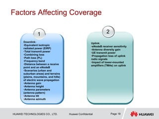 HUAWEI TECHNOLOGIES CO., LTD. Huawei Confidential Page 18
Factors Affecting Coverage
1
Downlink:
•Equivalent isotropic
radiated power (EIRP)
•Total transmit power
•Combining loss
•Path loss (PL)
•Frequency band
•Distance between a receive
point and an eNodeB
•Scenarios (urban and
suburban areas) and terrains
(plains, mountains, and hills)
of electric wave propagation
•Antenna gain
•Antenna height
•Antenna parameters
(antenna pattern)
•Antenna tilt
•Antenna azimuth
2
Uplink:
•eNodeB receiver sensitivity
•Antenna diversity gain
•UE transmit power
•Propagation loss of uplink
radio signals
•Impact of tower-mounted
amplifiers (TMAs) on uplink
 