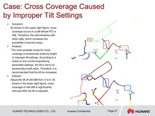 HUAWEI TECHNOLOGIES CO., LTD. Huawei Confidential Page 27
Case: Cross Coverage Caused
by Improper Tilt Settings
 Symptom
As shown in the upper right figure, cross
coverage occurs in a cell whose PCI is
288. Therefore, the cell interferes with
other cells, which increases the
probability of service drops.
 Analysis
The most possible cause for cross
coverage is excessively antenna height
or improper tilt settings. According to a
check on the current engineering
parameter settings, the tilt is set to an
excessively small value. Therefore, it is
recommended that the tilt be increased.
 Solution
Adjust the tilt of cell 288 from 3 to 6. As
shown in the lower right figure, cross
coverage of cell 288 is significantly
reduced after the tilt is adjusted.
 