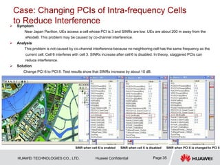 HUAWEI TECHNOLOGIES CO., LTD. Huawei Confidential Page 35
Case: Changing PCIs of Intra-frequency Cells
to Reduce Interference Symptom
Near Japan Pavilion, UEs access a cell whose PCI is 3 and SINRs are low. UEs are about 200 m away from the
eNodeB. This problem may be caused by co-channel interference.
 Analysis
This problem is not caused by co-channel interference because no neighboring cell has the same frequency as the
current cell. Cell 6 interferes with cell 3. SINRs increase after cell 6 is disabled. In theory, staggered PCIs can
reduce interference.
 Solution
Change PCI 6 to PCI 8. Test results show that SINRs increase by about 10 dB.
SINR when cell 6 is enabled SINR when cell 6 is disabled SINR when PCI 6 is changed to PCI 8
 