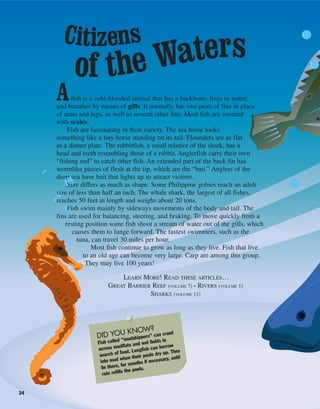 34
Afish is a cold-blooded animal that has a backbone, lives in water,
and breathes by means of gills. It normally has two pairs of fins in place
of arms and legs, as well as several other fins. Most fish are covered
with scales.
Fish are fascinating in their variety. The sea horse looks
something like a tiny horse standing on its tail. Flounders are as flat
as a dinner plate. The rabbitfish, a small relative of the shark, has a
head and teeth resembling those of a rabbit. Anglerfish carry their own
“fishing rod” to catch other fish. An extended part of the back fin has
wormlike pieces of flesh at the tip, which are the “bait.” Anglers of the
deep sea have bait that lights up to attract victims.
Size differs as much as shape. Some Philippine gobies reach an adult
size of less than half an inch. The whale shark, the largest of all fishes,
reaches 50 feet in length and weighs about 20 tons.
Fish swim mainly by sideways movements of the body and tail. The
fins are used for balancing, steering, and braking. To move quickly from a
resting position some fish shoot a stream of water out of the gills, which
causes them to lunge forward. The fastest swimmers, such as the
tuna, can travel 30 miles per hour.
Most fish continue to grow as long as they live. Fish that live
to an old age can become very large. Carp are among this group.
They may live 100 years!
LEARN MORE! READ THESE ARTICLES…
GREAT BARRIER REEF (VOLUME 7) • RIVERS (VOLUME 1)
SHARKS (VOLUME 11)
Citizens
of the Waters
DID YOU KNOW?
Fish called “mudskippers” can crawl
across mudflats and wet fields in
search of food. Lungfish can burrow
into mud when their pools dry up. They
lie there, for months if necessary, until
rain refills the pools.
 