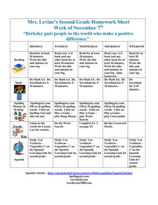 Mrs. Levine’s Second Grade Homework Sheet
                        Week of November 7th
         “Berkeley puts people in the world who make a positive
                              difference.”
               MONDAY                TUESDAY               WEDNESDAY             THURSDAY              WEEKEND

               Read for at least     Read your A-Z         Read for at least     Read your A-Z         Read for at
               20 minutes.           book and any          20 minutes.           book and any          least 20
Reading        Write the title       other book for at     Write the title       other book for at     minutes.
               and minutes in        least 20 minutes.     and minutes in        least 20 minutes.     Write the
               your log.             Write the title       your log.             Write the title       title and
                                     and minutes in                              and minutes in        minutes in
                                     your log.                                   your log. Quiz        your log.
                                                                                 tomorrow.
               Do Math 4.3. Do       Do Math 4.4. Do       Do Math 4.5. Do       Do Math 4.6. Do       Do
 Math          XtraMath for 5-       XtraMath for 5-       XtraMath for 5-       XtraMath for 5-       XtraMath
               10 minutes.           10 minutes.           10 minutes.           10 minutes.           for 5-10
                                                                                                       minutes.



 Spelling       Spellingcity.com     Spellingcity.com      Spellingcity.com      Spellingcity.com
Phonics &      Fill in 10 spelling   Fill in 10 spelling   Fill in 10 spelling   Fill in 10 spelling
Writing        words. Click on       words. Click on       words. Click on       words. Click on
               Spelling Test and     Play a Game –         Play a Game –         Play a Game –
               take the test.        play Hang Mouse.      play Word             play Unscramble.
                                                           Search.
               Listen to the         Do the Word           Complete Ex. 1        Do the Crossword
Wordly         words for Lesson      Search.               on page 45.           Puzzle.
               6 on the website.

     Wise
               Study ‘Las            Study ‘Las            Study ‘Las            Study ‘Las            Study ‘Las
               Verduras –            Verduras –            Verduras –            Verduras –            Verduras –
               Vegetables 1’ on      Vegetables 1’ on      Vegetables 1’ on      Vegetables 1’ on      Vegetables
               the Spanish           the Spanish           the Spanish           the Spanish           1’ on the
               Learning Link for     Learning Link for     Learning Link for     Learning Link for     Spanish
               second grade.         second grade.         second grade.         second grade.         Learning
 Spanish                                                                                               Link for
                                                                                                       second
                                                                                                       grade.

            Spanish website – http://school.berkeleyprep.org/lower/llinks/spanlinks/Spanish2nd.htm
                                                Spellingcity.com
                                                 xtraMath.com
                                              wordlywise3000.com
 
