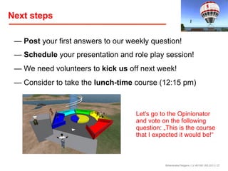 Next steps
— Post your first answers to our weekly question!
— Schedule your presentation and role play session!
— We need volunteers to kick us off next week!
— Consider to take the lunch-time course (12:15 pm)

Let's go to the Opinionator
and vote on the following
question: „This is the course
that I expected it would be!“

Birkenkrahe/Tietgens / LV 401591 WS 2013 / 27

 