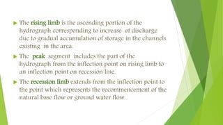  The rising limb is the ascending portion of the
hydrograph corresponding to increase of discharge
due to gradual accumulation of storage in the channels
existing in the area.
 The peak segment includes the part of the
hydrograph from the inflection point on rising limb to
an inflection point on recession line.
 The recession limb extends from the inflection point to
the point which represents the recommencement of the
natural base flow or ground water flow.
 
