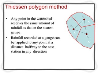 Thiessen polygon method
P1
P2
A1
A2
P3
A3
• Any point in the watershed
receives the same amount of
rainfall as that at the nearest
gauge
• Rainfall recorded at a gauge can
be applied to any point at a
distance halfway to the next
station in any direction
 