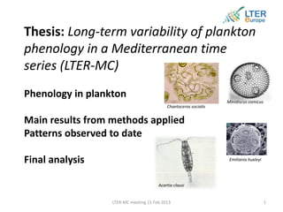 LTER-MC meeting 15 Feb 2013
Thesis: Long-term variability of plankton
phenology in a Mediterranean time
series (LTER-MC)
Phenology in plankton
Main results from methods applied
Patterns observed to date
Final analysis
Acartia clausi
Emiliania huxleyi
Minidiscus comicus
Chaetoceros socialis
1
 