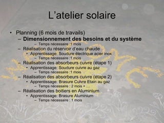 L’atelier solaire <ul><li>Planning (6 mois de travails) </li></ul><ul><ul><li>Dimensionnement des besoins et du système </...