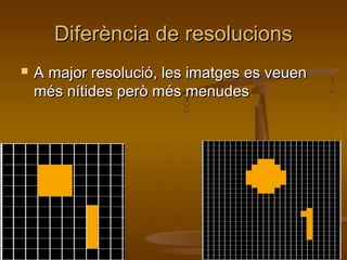 Diferència de resolucionsDiferència de resolucions
 A major resolució, les imatges es veuenA major resolució, les imatges es veuen
més nítides però més menudesmés nítides però més menudes
 