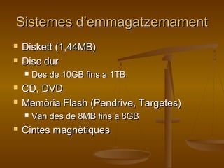 Sistemes d’emmagatzemamentSistemes d’emmagatzemament
 DiskettDiskett (1,44MB)(1,44MB)
 Disc durDisc dur
 Des de 10GB fins a 1TBDes de 10GB fins a 1TB
 CD, DVDCD, DVD
 Memòria Flash (Pendrive, Targetes)Memòria Flash (Pendrive, Targetes)
 Van des de 8MB fins a 8GBVan des de 8MB fins a 8GB
 Cintes magnètiquesCintes magnètiques
 