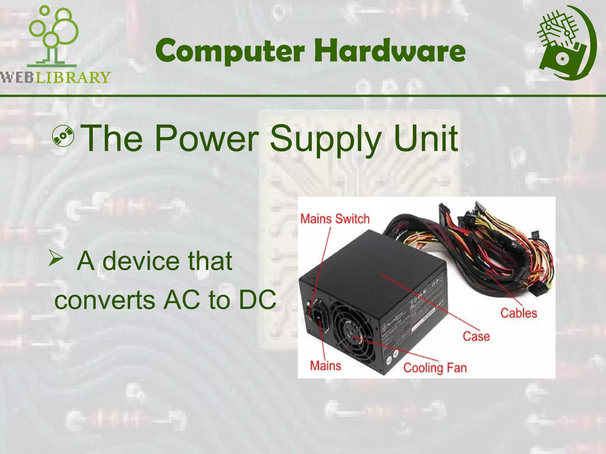 Computer Hardware
The Power Supply Unit
 A device that
converts AC to DC
 