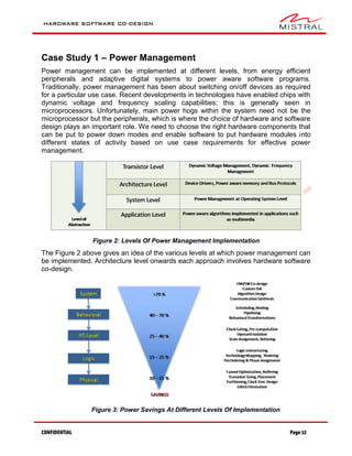 HARDWARE SOFTWARE CO-DESIGN
CONFIDENTIAL Page 12
Case Study 1 – Power Management
Power management can be implemented at different levels, from energy efficient
peripherals and adaptive digital systems to power aware software programs.
Traditionally, power management has been about switching on/off devices as required
for a particular use case. Recent developments in technologies have enabled chips with
dynamic voltage and frequency scaling capabilities; this is generally seen in
microprocessors. Unfortunately, main power hogs within the system need not be the
microprocessor but the peripherals, which is where the choice of hardware and software
design plays an important role. We need to choose the right hardware components that
can be put to power down modes and enable software to put hardware modules into
different states of activity based on use case requirements for effective power
management.
Figure 2: Levels Of Power Management Implementation
The Figure 2 above gives an idea of the various levels at which power management can
be implemented. Architecture level onwards each approach involves hardware software
co-design.
Figure 3: Power Savings At Different Levels Of Implementation
 