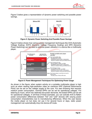 HARDWARE SOFTWARE CO-DESIGN
CONFIDENTIAL Page 16
Figure 5 below gives a representation of dynamic power switching and possible power
savings.
Figure 5: Dynamic Power Switching And Possible Power Savings
Figure 6 below shows how various power management techniques like AVS (Automatic
Voltage Scaling), DVFS (Dynamic Voltage Frequency Scaling) and DPS (Dynamic
Power Switching) can be used to optimize power utilization in a device like a multimedia
player.
Figure 6: Power Management Techniques For Optimizing Power Usage
As shown in the figure; when system activity on a portable multimedia player is high
such as when viewing high-resolution video an overdrive OPP (Optimal Performance
Point) can be set on the voltage supply to the core. For web browsing that requires
medium power consumption, nominal OPPs can be set for operational voltages. For
listening to music, which has relatively low-power demands, the lowest OPPs can be set
for operational voltages. In all three of these examples, you can activate AVS to flatten
power consumption differences between “hot” and “cold” devices with varying power
consumption characteristics due to manufacturing differences. When the user leaves
the media player on but does not use it for several hours or days, static power
management can automatically drop into device-off mode.
 