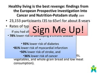 Healthy living is the best revenge: findings from
the European Prospective Investigation Into
Cancer and Nutrition-Potsdam study 2009
• 23,153 participants (35 to 65yr) for about 8 years
• Rates of type 2 diabetes mellitus, myocardial
infarction, stroke, and cancer
• 4 Variables:
– Never smoking
– BMI<30
– 3.5 h/wk or more of physical activity
– healthy dietary principles (high intake of fruits,
vegetables, and whole-grain bread and low meat
consumption).
If you had all 4 factors at baseline you had
• 78% lower risk of developing a chronic disease
•
• 93% lower risk of diabetes
•81% lower risk of myocardial infarction
•50% lower risk of stroke, and
•36% lower risk of cancer
If you had all 4 factors at baseline you had
• 78% lower risk of developing a chronic disease
•
• 93% lower risk of diabetes
•81% lower risk of myocardial infarction
•50% lower risk of stroke, and
•36% lower risk of cancer
Sign Me Up!Sign Me Up!
 