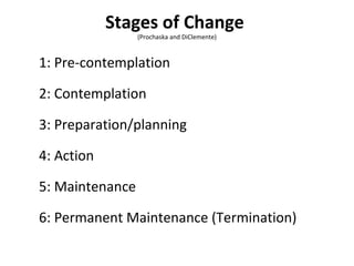 Stages of Change
(Prochaska and DiClemente)
1: Pre-contemplation
2: Contemplation
3: Preparation/planning
4: Action
5: Maintenance
6: Permanent Maintenance (Termination)
 